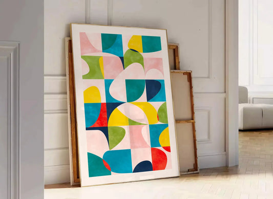 space modern art poster vibrant blue orange hues unique wall piece thoughtful gift artwork contemporary flair room variety print sizes A4 cm A0