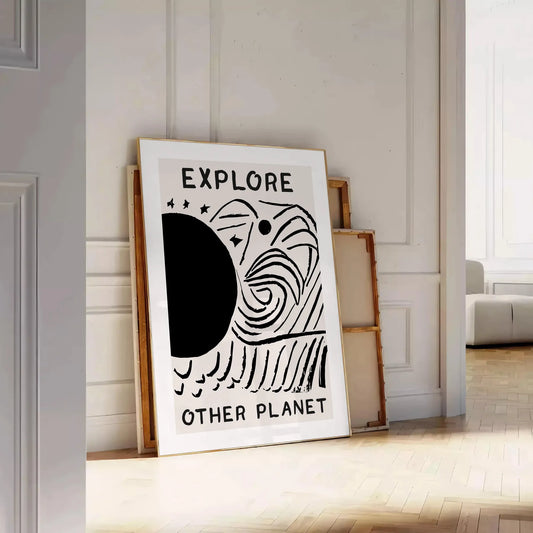wonder modern art Explore Other Planets poster black white designs wall unforgettable gift artwork space cosmic allure sizes A4 cm A0