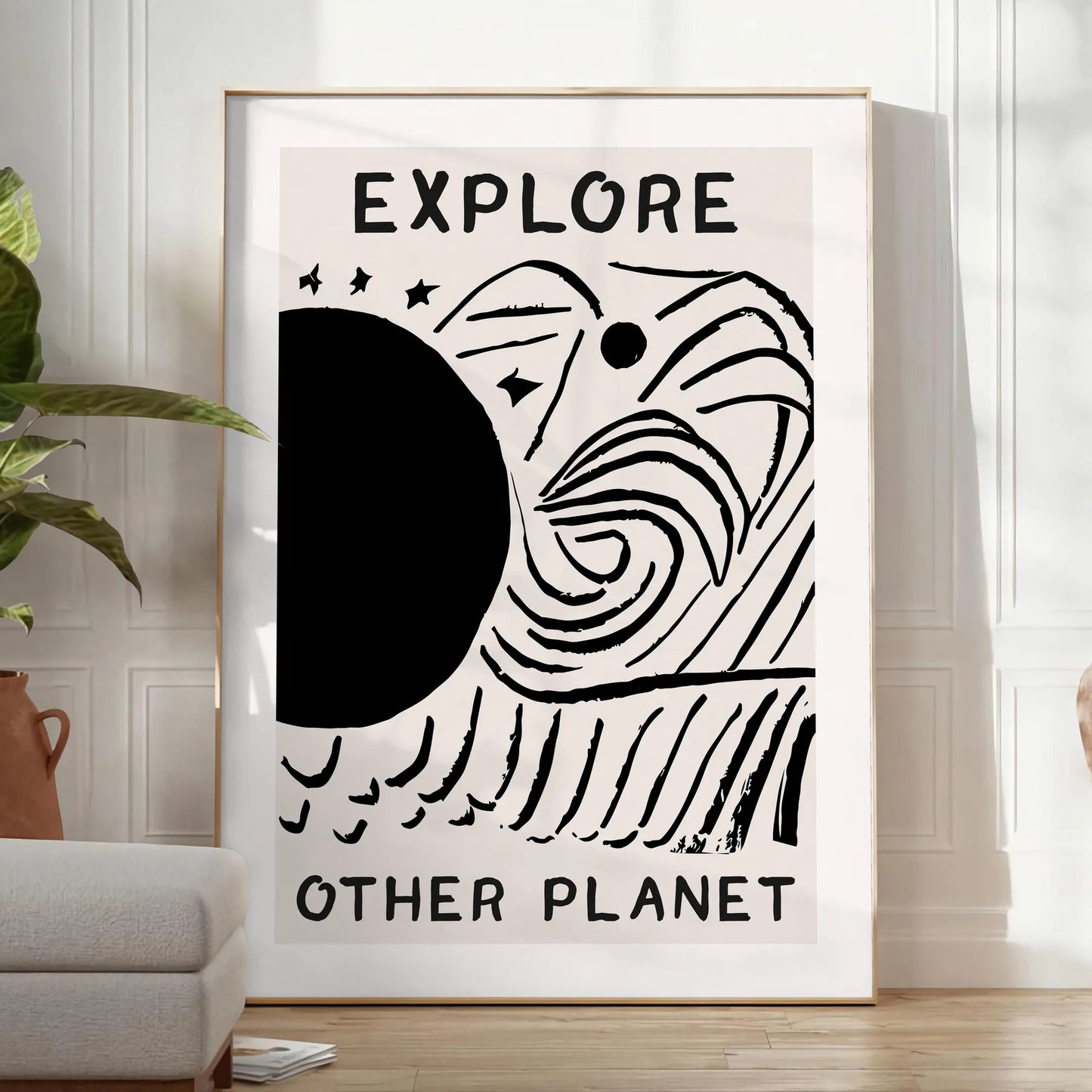 wonder modern art Explore Other Planets poster black white designs wall unforgettable gift artwork space cosmic allure sizes A4 cm A0