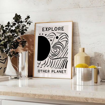 wonder modern art Explore Other Planets poster black white designs wall unforgettable gift artwork space cosmic allure sizes A4 cm A0